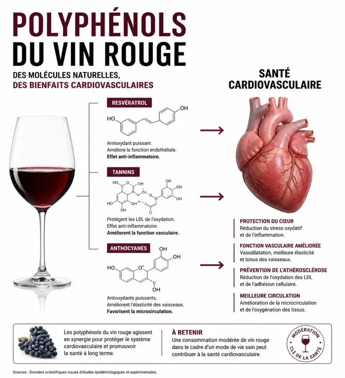 Infographie scientifique sur les bienfaits du vin rouge et l'action des polyphénols sur la santé