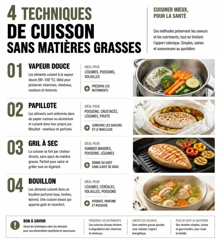 Infographie des techniques de cuisson pour un menu semaine sans graisse