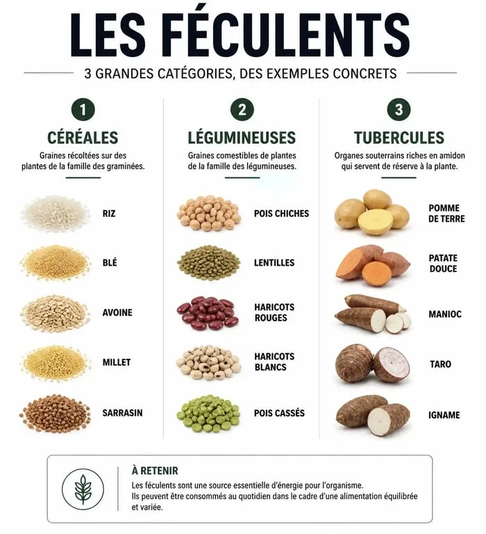 Infographie de la liste des féculents classés par catégories : céréales, légumineuses et tubercules pour une alimentation équilibrée.