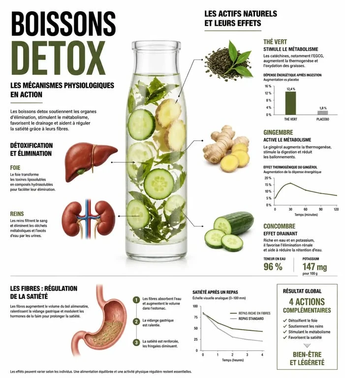 Infographie sur les bienfaits et mécanismes d'action d'une boisson detox pour maigrir sur le métabolisme et les organes émonctoires