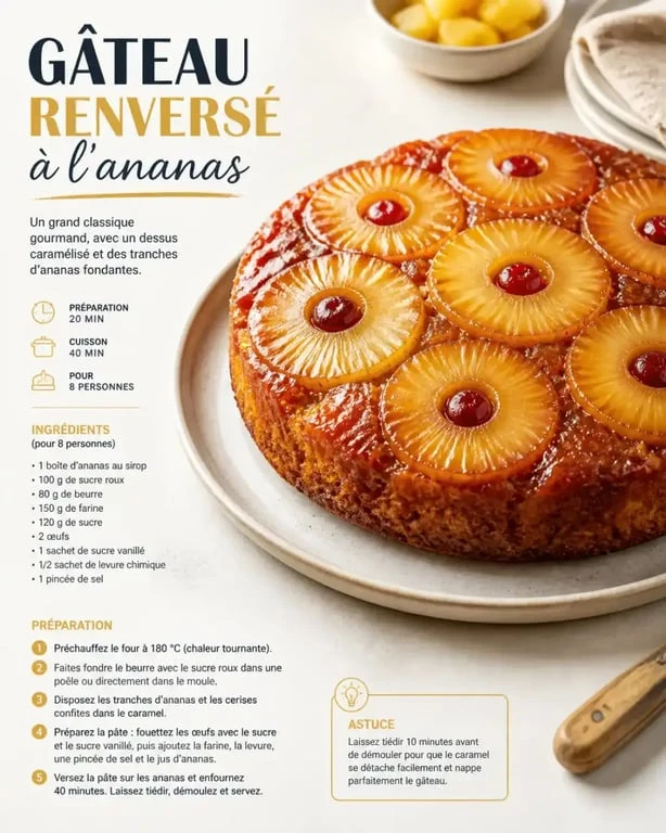 Gâteau renversé à l'ananas, un dessert en U gourmand et caramélisé.