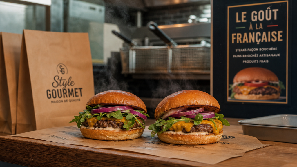 Fast food connus : burgers gourmet dans une salle de restauration rapide en France