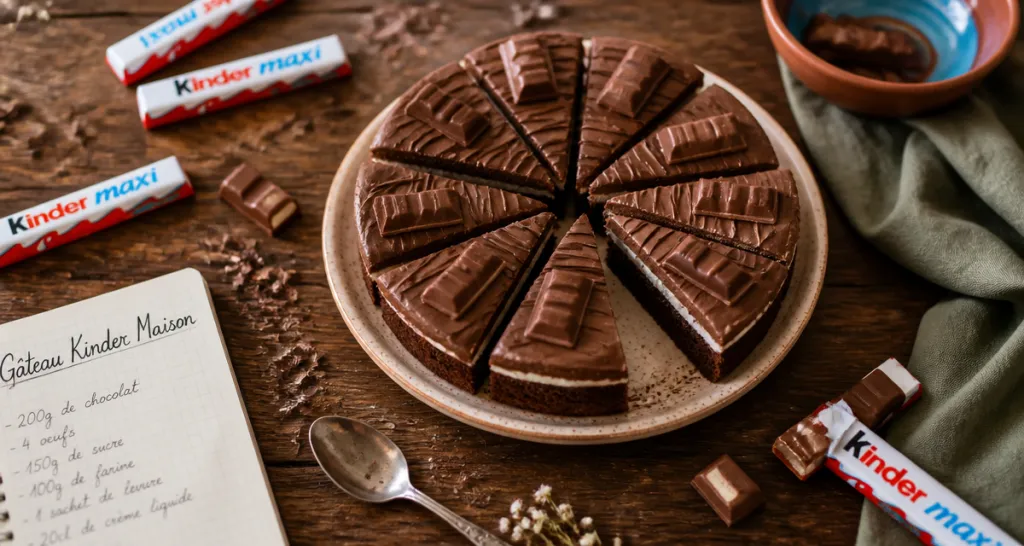 gateau kinder maxi maison découpé en parts sur assiette