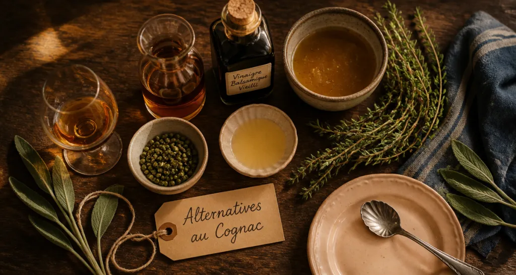 par quoi remplacer le cognac dans une recette, alternatives alcool et sans alcool, ingrédients sur plan de travail