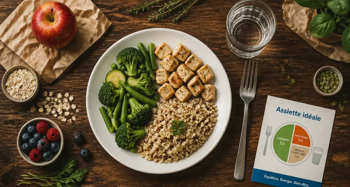 Plan alimentaire pour perte de poids : assiette végétaux, protéines, quinoa et eau