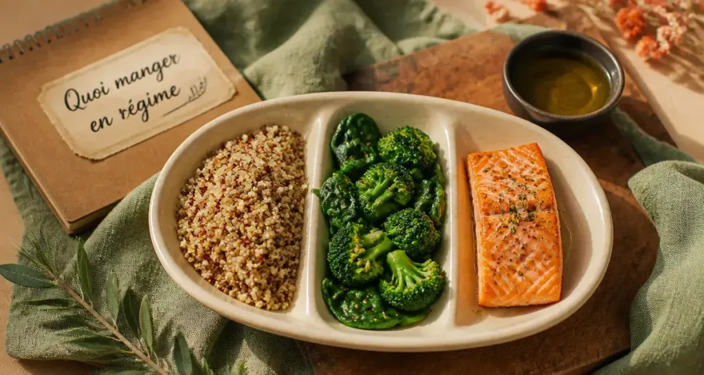 Quoi manger en regime : assiette quinoa légumes saumon