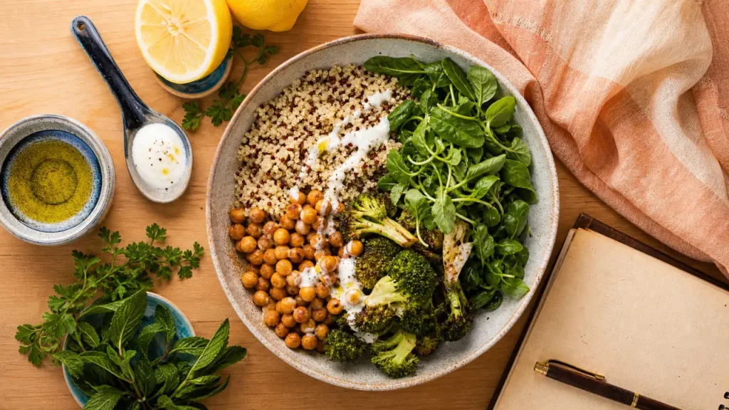 Nourriture healthy : bowl quinoa pois chiches et brocoli, sauce yaourt-citron
