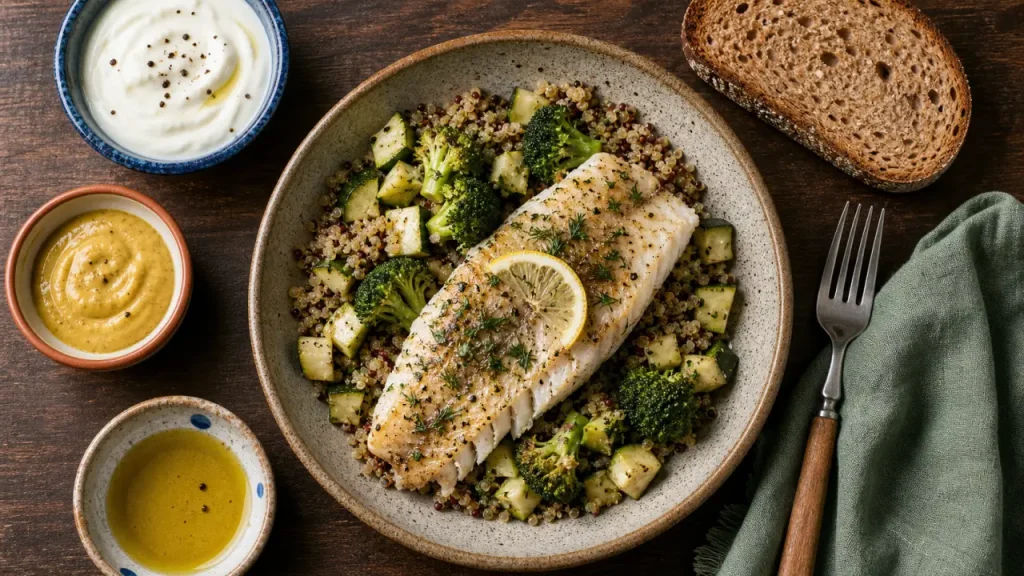 Repas riche en proteine : colin, œufs ou tofu, quinoa et légumes