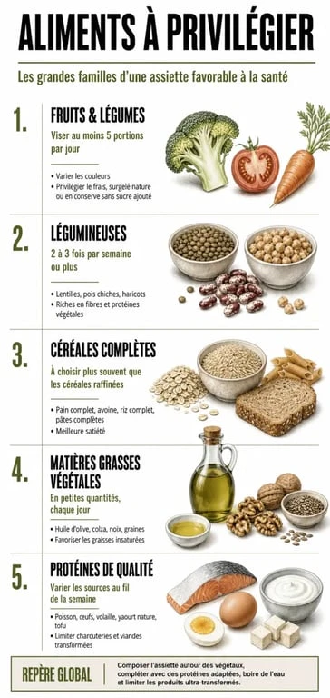 Aliment bon pour la santé : infographie des familles d’aliments à privilégier et repères de consommation