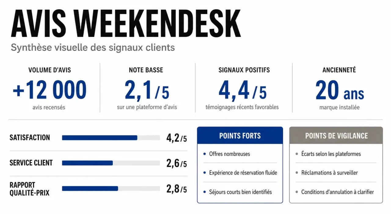 Avis Weekendesk : visuel éditorial synthétique sur les notes, les retours clients et les points de vigilance