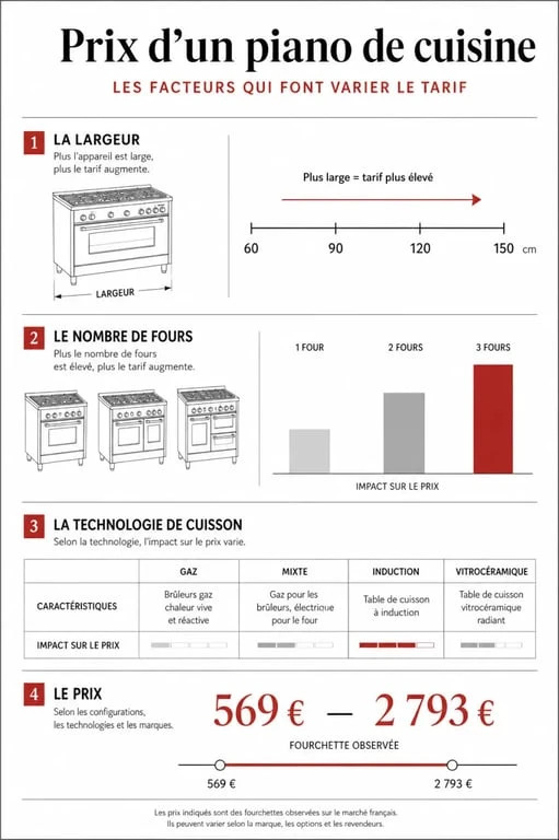 Infographie sur le prix piano cuisine avec fourchettes de prix, largeurs et types de cuisson