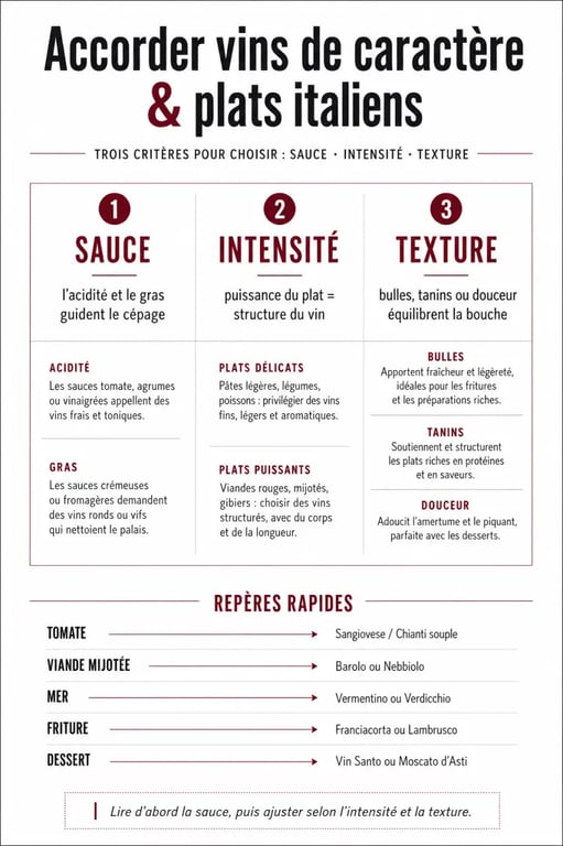 Comment accorder les vins de caractère avec vos plats italiens : schéma des accords selon la sauce, l’intensité et la texture