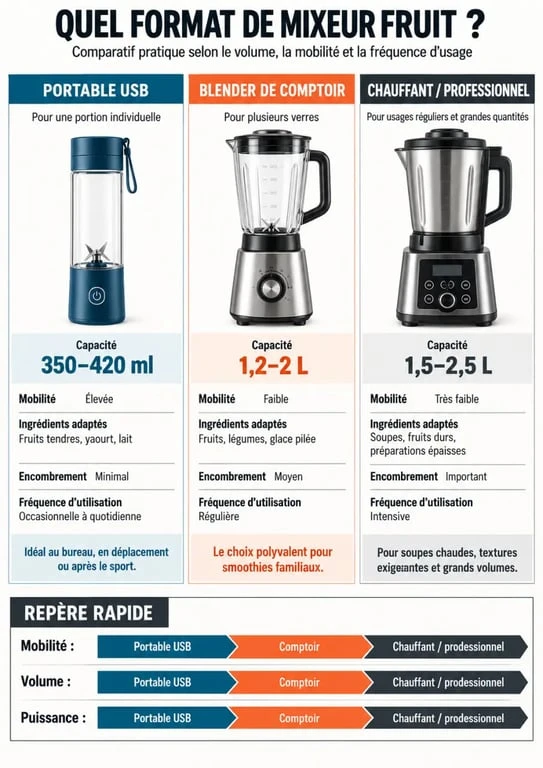 Infographie comparative des différents types de mixeur fruit selon la capacité, la mobilité et les usages