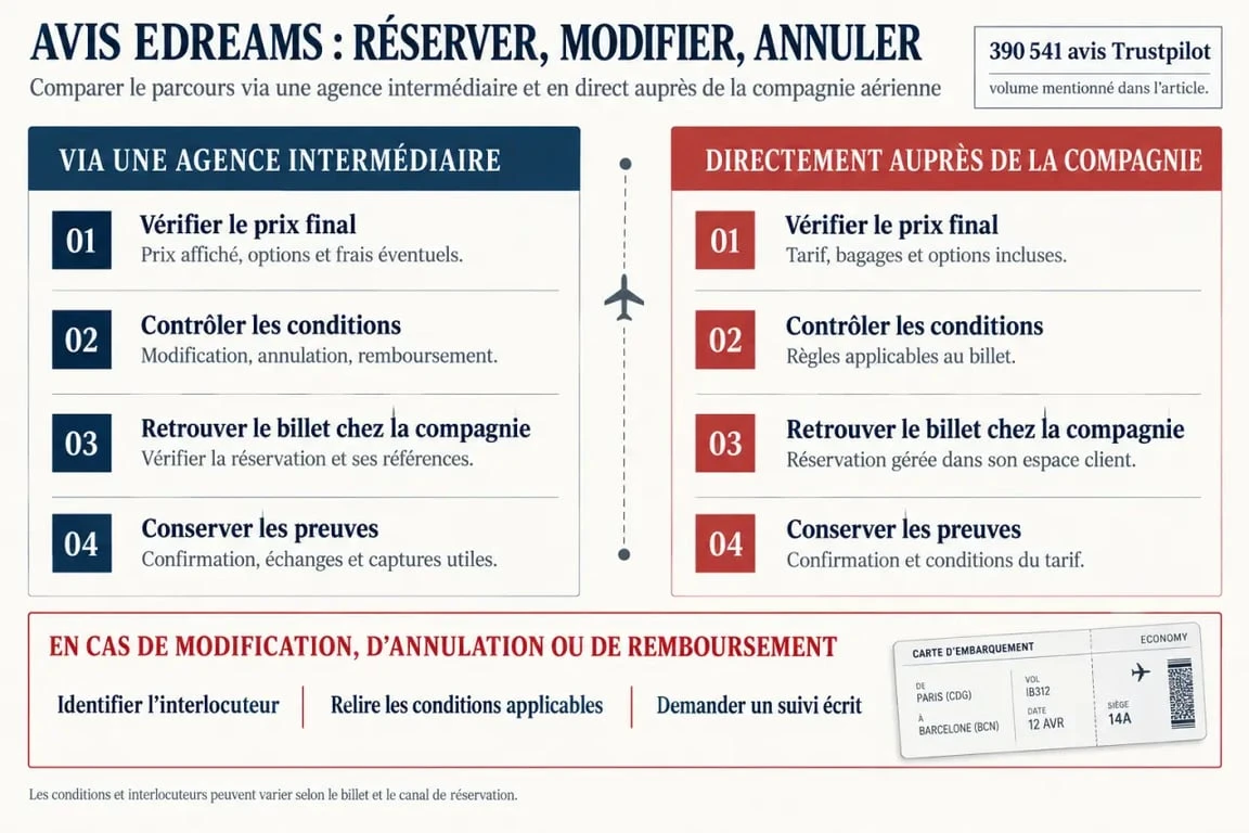 Infographie sur les avis eDreams et les vérifications à effectuer avant une réservation