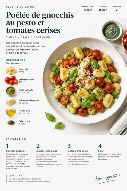 Recette de poêlée de gnocchis au pesto, une idée de recette de cuisine rapide et facile