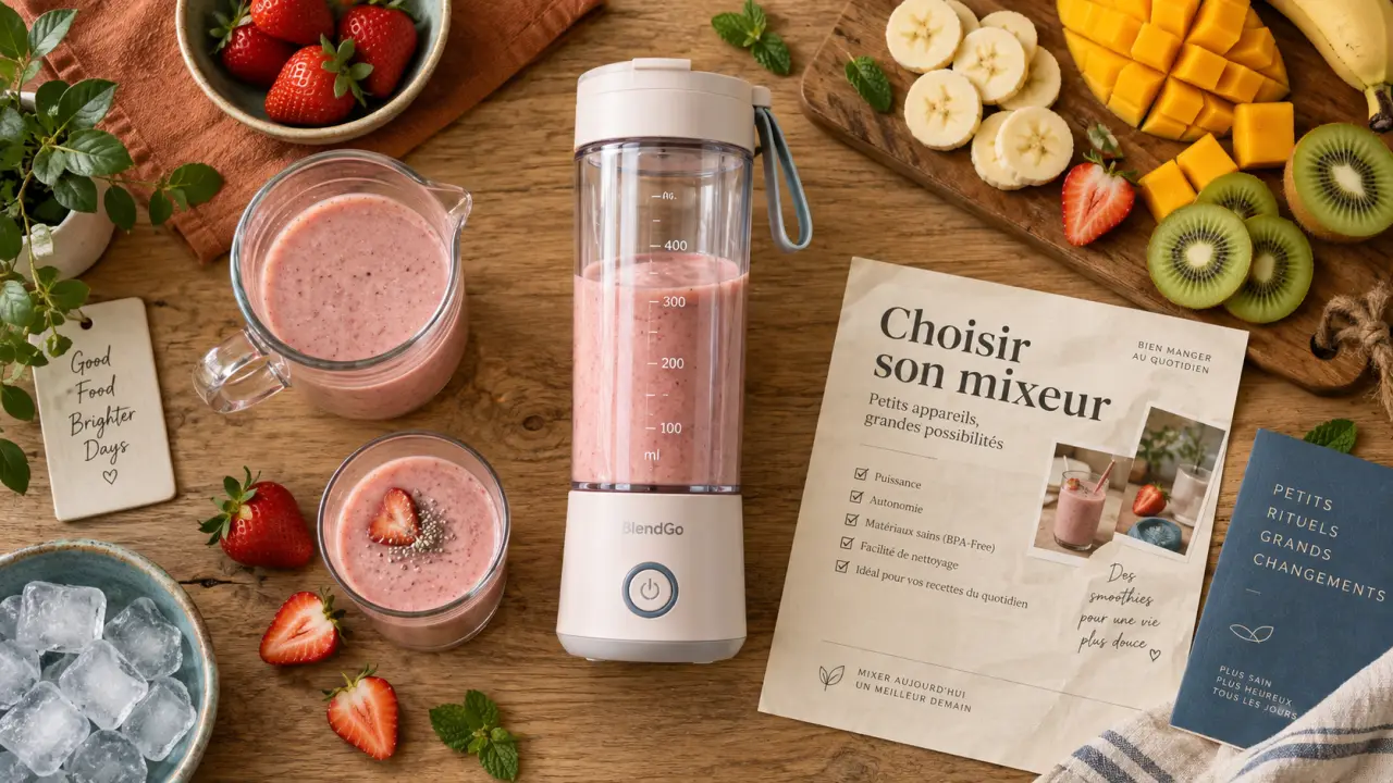 Mixeur fruit 6 lames inox USB, smoothie fraise, 3 formats
