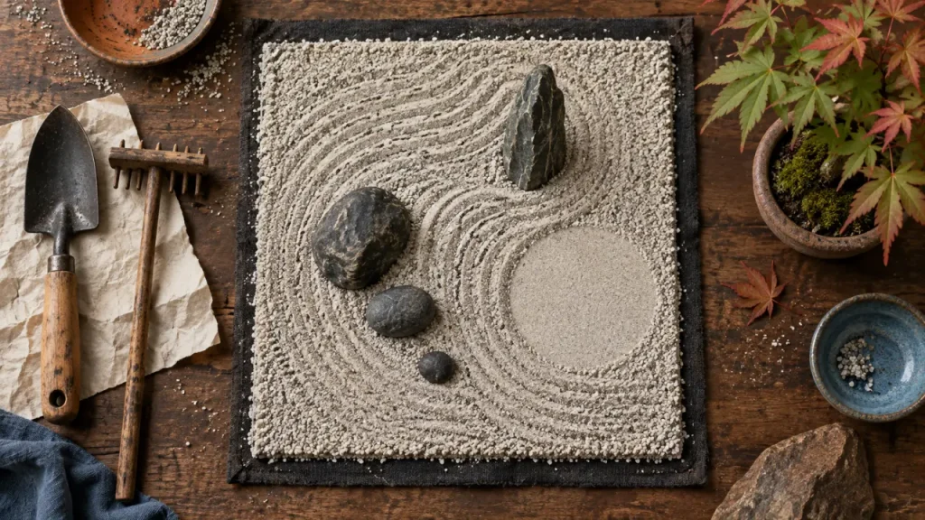 Petit jardin zen 2 m² avec asymétrie et géotextile, conseils jardinage zen garden.org