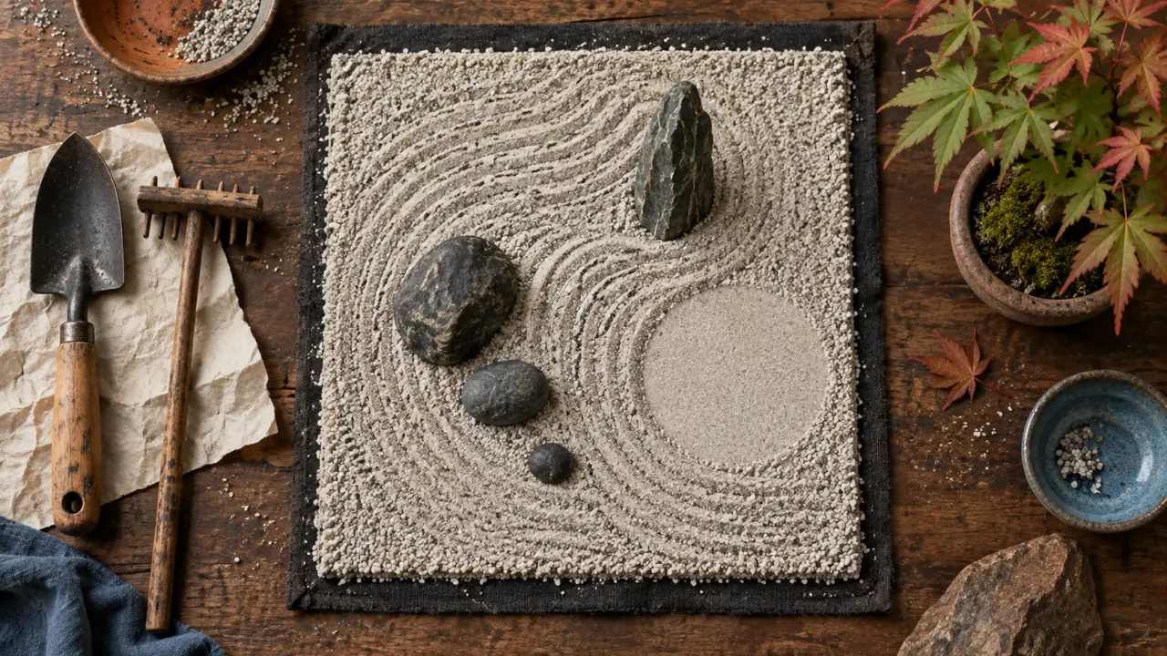 Petit jardin zen 2 m² avec asymétrie et géotextile, conseils jardinage zen garden.org