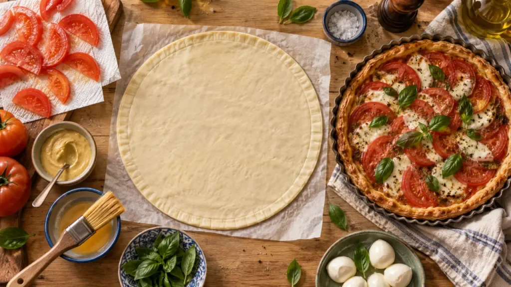 Recette avec de la pate feuilletee : tarte minute tomate moutarde mozzarella